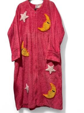 Vintage 90s Canyon Group Chenille Celestial Full Length Zip Up Robe Pink